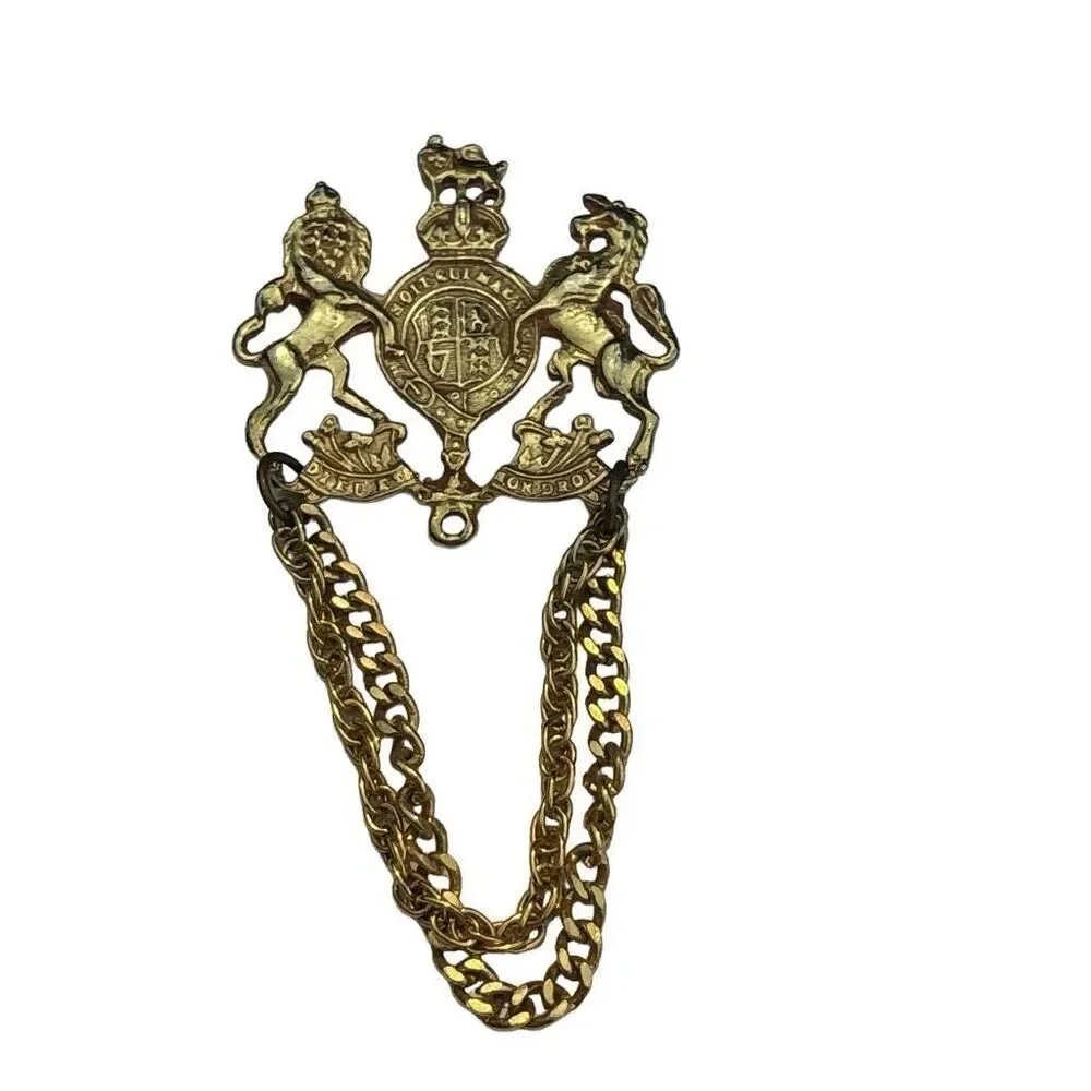 Vintage British Heraldic Double Chain Brooch Cloak Clasp Lion Crest